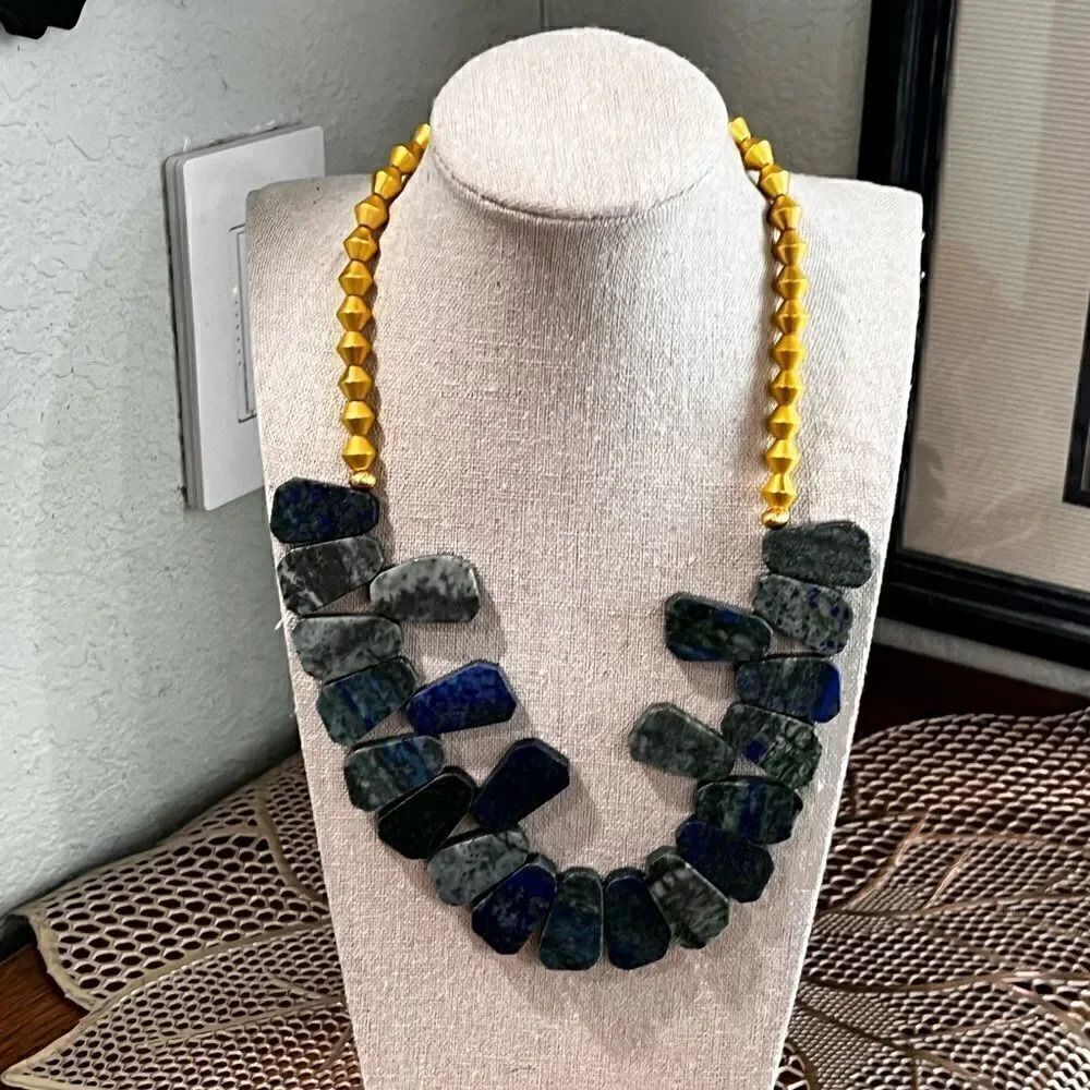 NWT Barse Genuine Stones Azurite Slab Statement Necklace #BJNK